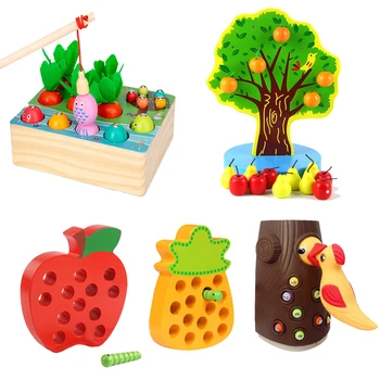 Montessori Math Puzzle Puinen Magneettinen Hedelmäpuu Apple Lelu Lapsille Lahja Vetää Porkkana Saalis Mato Koulutus Leluja Lapsille