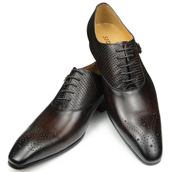 Luxury Mens Liiketoiminnan Aito Nahka Kengät Muoti Häät Oxfords Pitsi-up Teräväkärkiset kengät Musta Vihreä Kahvi Brogues Mekko Kengät